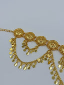 Angled view of the waist belt showing the scalloped wave pattern of the coin disc swag chains and the row of filigree medallions above with extension chain closure visible