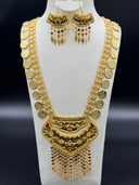 Full front view of a 2-piece Ottoman coin bib jewelry set on a bust — long opera necklace with coin charms and layered star bib pendant, with matching tassel drop earrings