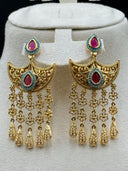 Styled view of the 2-piece Khaleeji filigree set on a bust — crescent drop earrings alongside the articulated coin charm necklace chain in gold tone